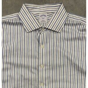 Brooks Brothers 346 Mens Slim Fit Non Iron Blue Striped Dress Shirt 17.5 2/3